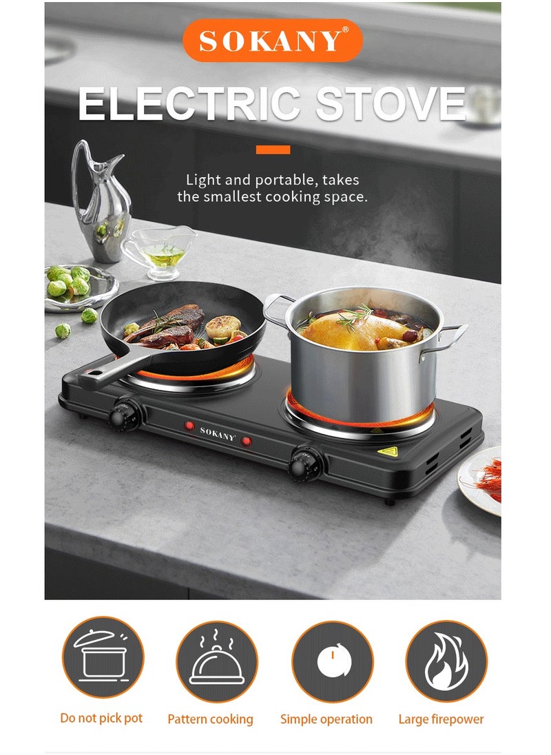 sokany - Electric Stove & Double Electric Hotplate, Stainless Steel Premium Hotplate, 5 Levels Separate Thermostat Control, 2000W SK-5107 Black - Image 1
