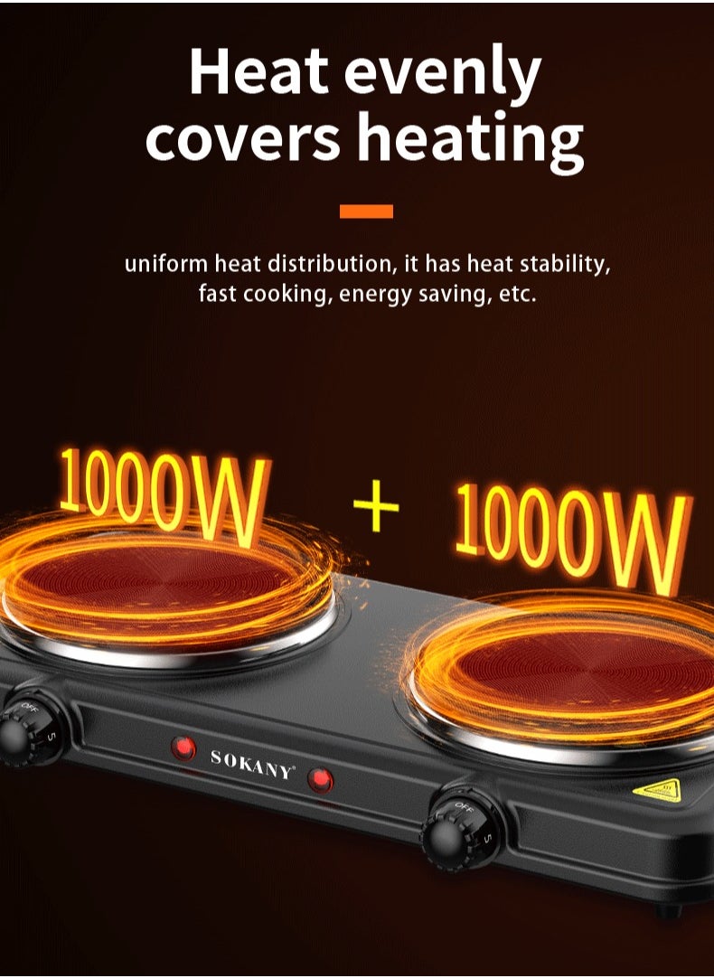 sokany - Electric Stove & Double Electric Hotplate, Stainless Steel Premium Hotplate, 5 Levels Separate Thermostat Control, 2000W SK-5107 Black - Image 1