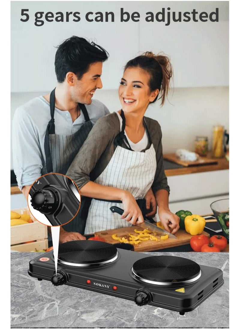 sokany - Electric Stove & Double Electric Hotplate, Stainless Steel Premium Hotplate, 5 Levels Separate Thermostat Control, 2000W SK-5107 Black - Image 1