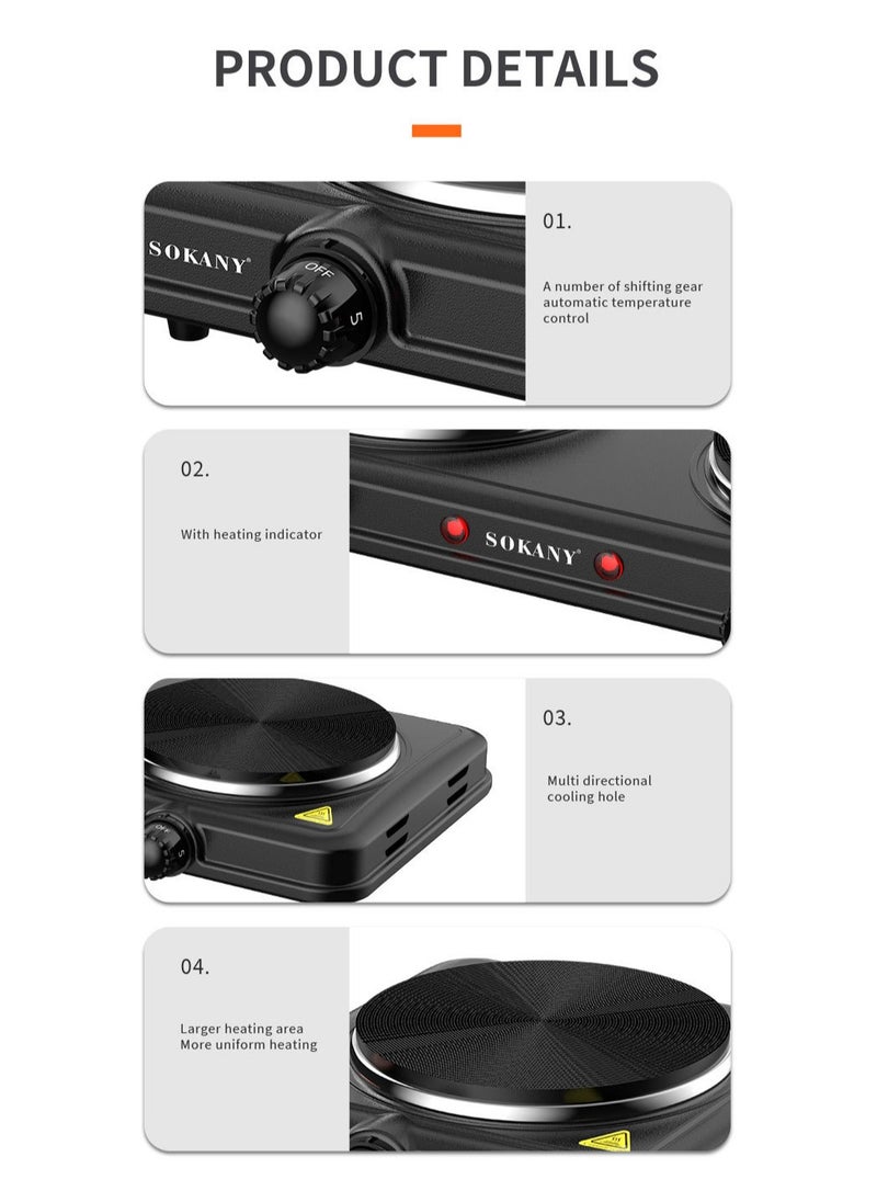 sokany - Electric Stove & Double Electric Hotplate, Stainless Steel Premium Hotplate, 5 Levels Separate Thermostat Control, 2000W SK-5107 Black - Image 1