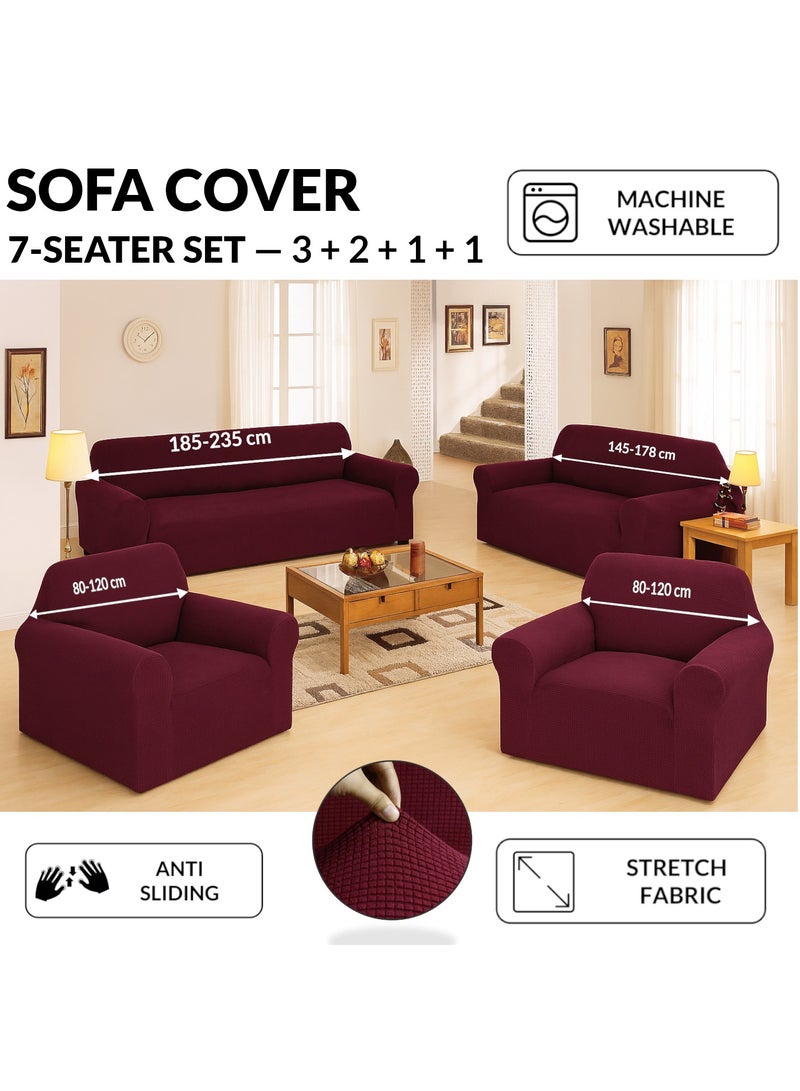 Stretch Fit 7 Seater Sofa Cover Set 3211 Combination Soft Brushed Fabric Couch Cover Exquisitely Full Coverage Furniture Protector Slipcover Seven Seater Fits on Standard and Recliner Sofa Burgundy