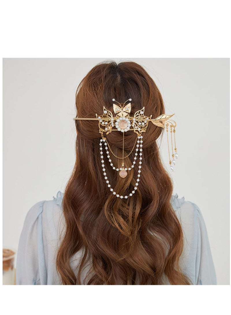 KASTWAVE قطعتان من أعواد الشعر الصينية ذات الشرابة على شكل فراشة ودبابيس شعر ذهبية على شكل زهرة اللؤلؤ وأعواد كلاسيكية عتيقة وإكسسوارات مجوهرات شعر صينية طويلة ذات شرابة - Image 4