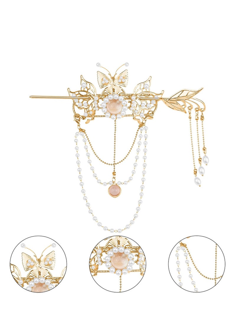 KASTWAVE قطعتان من أعواد الشعر الصينية ذات الشرابة على شكل فراشة ودبابيس شعر ذهبية على شكل زهرة اللؤلؤ وأعواد كلاسيكية عتيقة وإكسسوارات مجوهرات شعر صينية طويلة ذات شرابة - Image 2