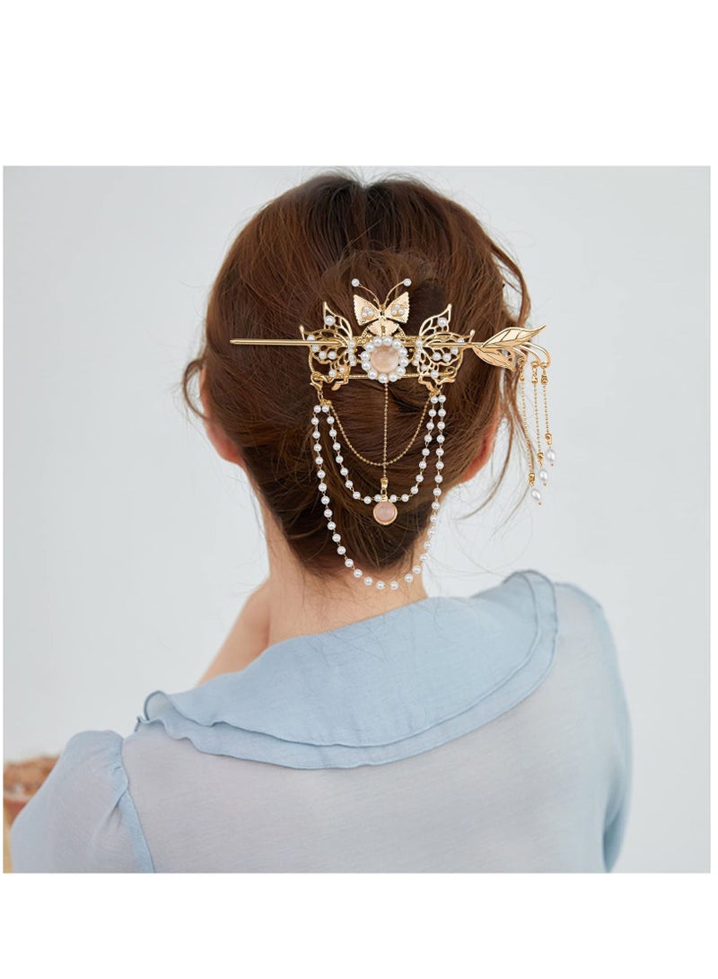 KASTWAVE قطعتان من أعواد الشعر الصينية ذات الشرابة على شكل فراشة ودبابيس شعر ذهبية على شكل زهرة اللؤلؤ وأعواد كلاسيكية عتيقة وإكسسوارات مجوهرات شعر صينية طويلة ذات شرابة - Image 3