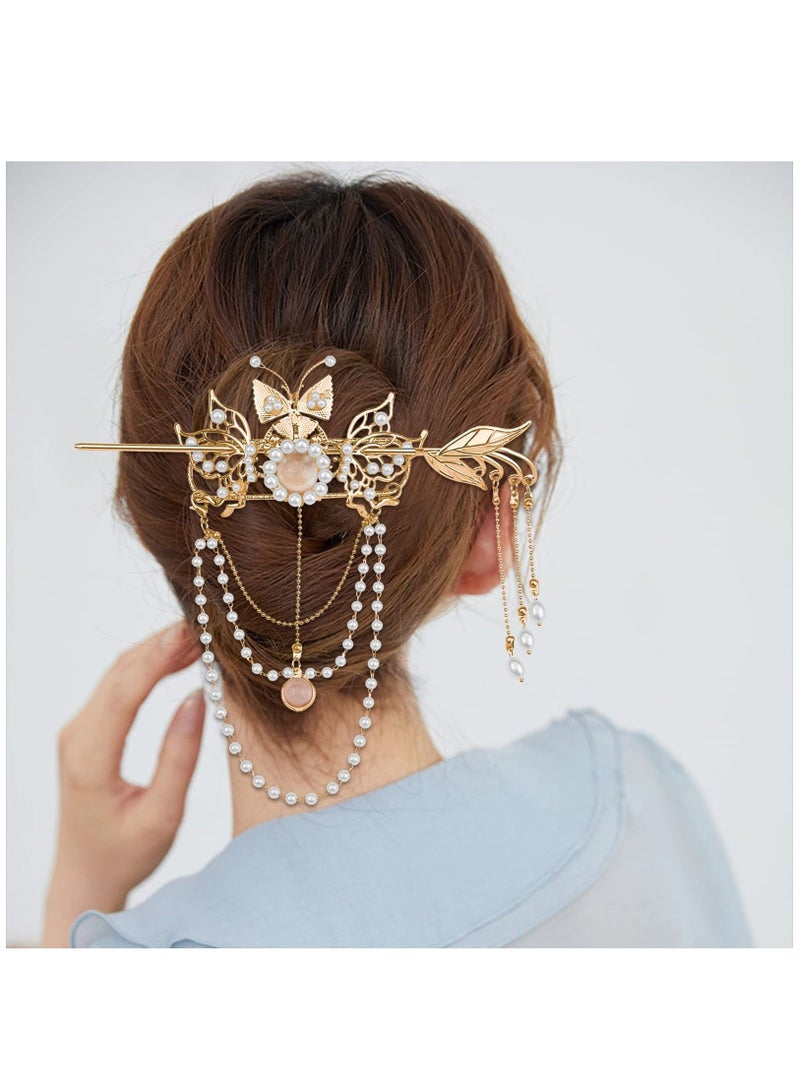 KASTWAVE قطعتان من أعواد الشعر الصينية ذات الشرابة على شكل فراشة ودبابيس شعر ذهبية على شكل زهرة اللؤلؤ وأعواد كلاسيكية عتيقة وإكسسوارات مجوهرات شعر صينية طويلة ذات شرابة - Image 5