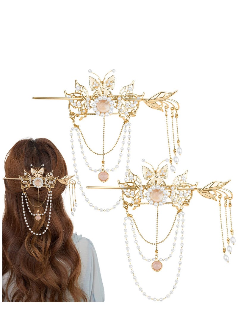 KASTWAVE قطعتان من أعواد الشعر الصينية ذات الشرابة على شكل فراشة ودبابيس شعر ذهبية على شكل زهرة اللؤلؤ وأعواد كلاسيكية عتيقة وإكسسوارات مجوهرات شعر صينية طويلة ذات شرابة - Image 1