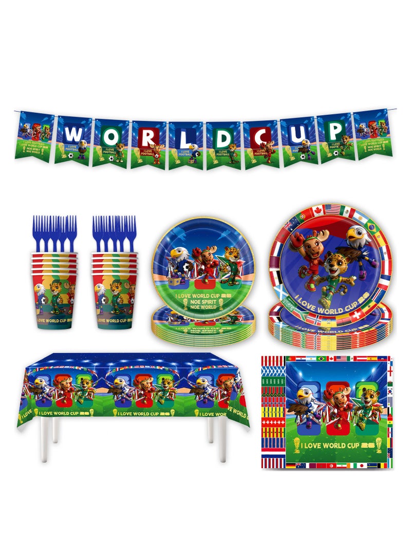 73Hours 2026 FIFA World Cup Canada-Mexico Mascot Party Tableware 7-Piece Set (76pcs) Eagle-Deer-Leopard Theme Plates, Paper Cups, Napkins, Tablecloth, Table Flag Fan Gathering Decorations Set - Image 1