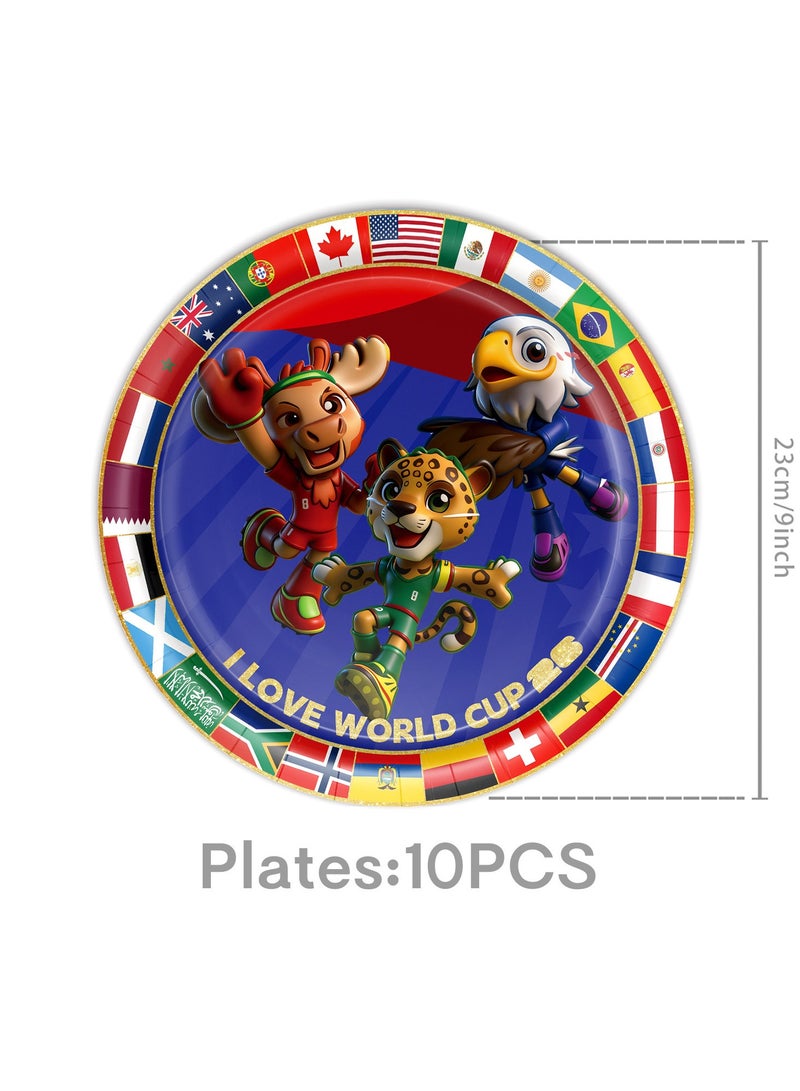 73Hours 2026 FIFA World Cup Canada-Mexico Mascot Party Tableware 7-Piece Set (76pcs) Eagle-Deer-Leopard Theme Plates, Paper Cups, Napkins, Tablecloth, Table Flag Fan Gathering Decorations Set - Image 3