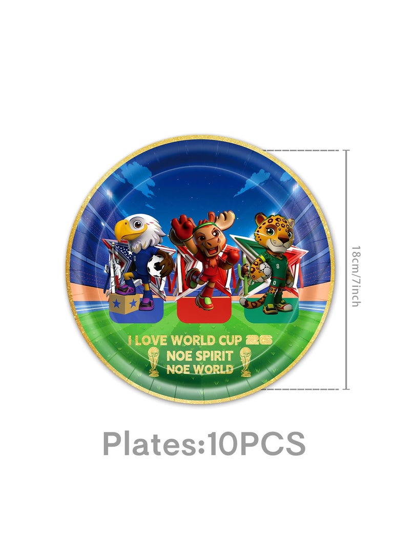 73Hours 2026 FIFA World Cup Canada-Mexico Mascot Party Tableware 7-Piece Set (76pcs) Eagle-Deer-Leopard Theme Plates, Paper Cups, Napkins, Tablecloth, Table Flag Fan Gathering Decorations Set - Image 2