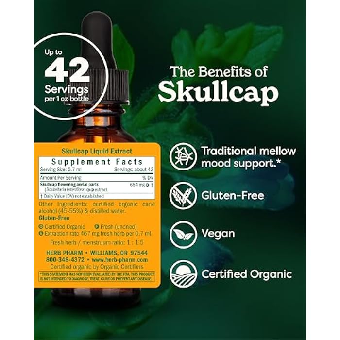 Herb Pharm Certified Organic Skullcap Liquid Extract for Nervous System Support, Organic Cane Alcohol, 1 Ounce - Image 2