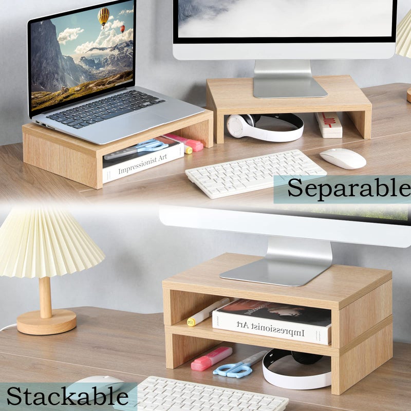 TEAMIX Wood Monitor Stand Riser - 2 Pack Adjustable Dual Monitor Riser for Laptop/PC - Image 2