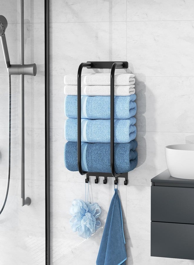 jockcaras Towel Rack Bathroom Wall Holder: 15.9 Inch Wall Mounted Shower Organizer, for Rolled Towel Storage, 2 Metal Racks Plus Extra 5 Hooks, for Modern Small Space Bathroom, RV Campers (Matte Black) - Image 5