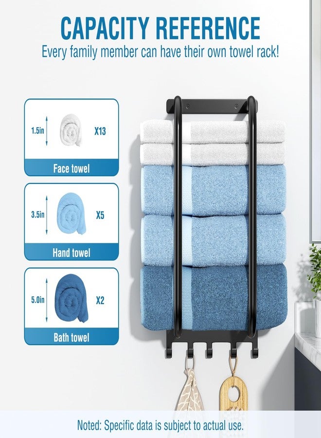 jockcaras Towel Rack Bathroom Wall Holder: 15.9 Inch Wall Mounted Shower Organizer, for Rolled Towel Storage, 2 Metal Racks Plus Extra 5 Hooks, for Modern Small Space Bathroom, RV Campers (Matte Black) - Image 2