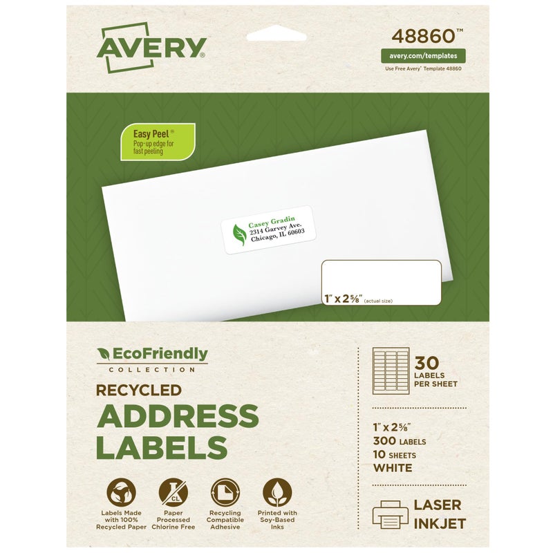Avery EcoFriendly Recycled Address Labels, 1" x 2-5/8", White, Permanent Label Adhesive, 300 Printable Labels (48860) - Image 1