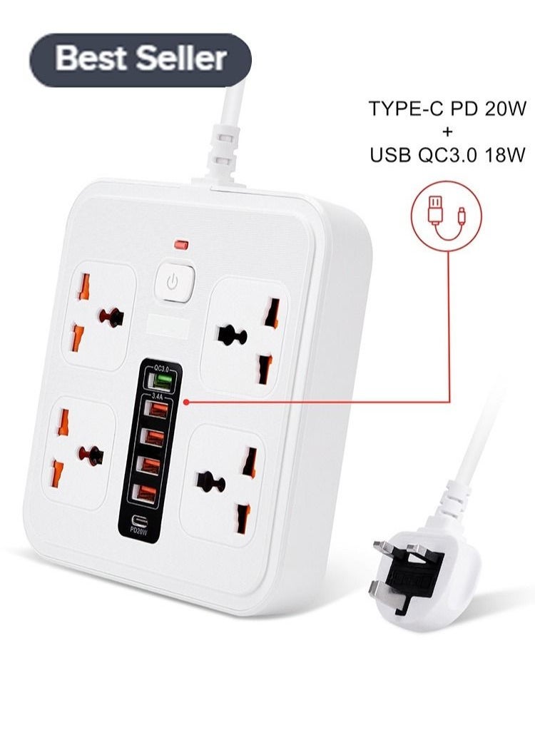 Power Socket / Power Strip / Power Extension with TYPE-C PD 20W + USB QC 3.0 Fast Charging 6 Ports, Universal Power Socket / 4-Way Power Strip / 2m Extension Cable White - Image 1