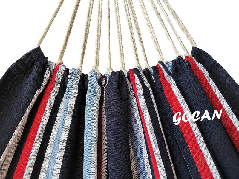 GOCAN أرجوحة برازيلية مزدوجة من لشخصين، كبيرة جدًا 220 × 160 سم، الطول الإجمالي 330 سم، الحمولة 500 رطل، أرجوحة قماش قطنية للفناء والشرفة والحديقة والفناء الخلفي والاسترخاء في الهواء الطلق والداخل (أزرق داكن) - Image 5