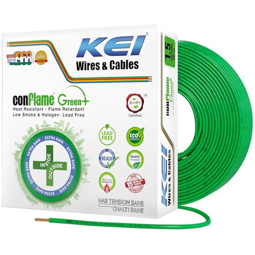 KEI CONFLAME GREEN PLUS 1.5 sqmm 1 Core Copper Heat Resistant Flame Retardant Low Smoke & Halogen - Lead Free House Wire for Domestic & Industrial Electrical Wiring(Green, 90 Meters) - Image 1