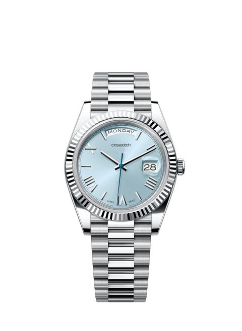Genuine men's watch with Japanese movement, silver , with date and day display