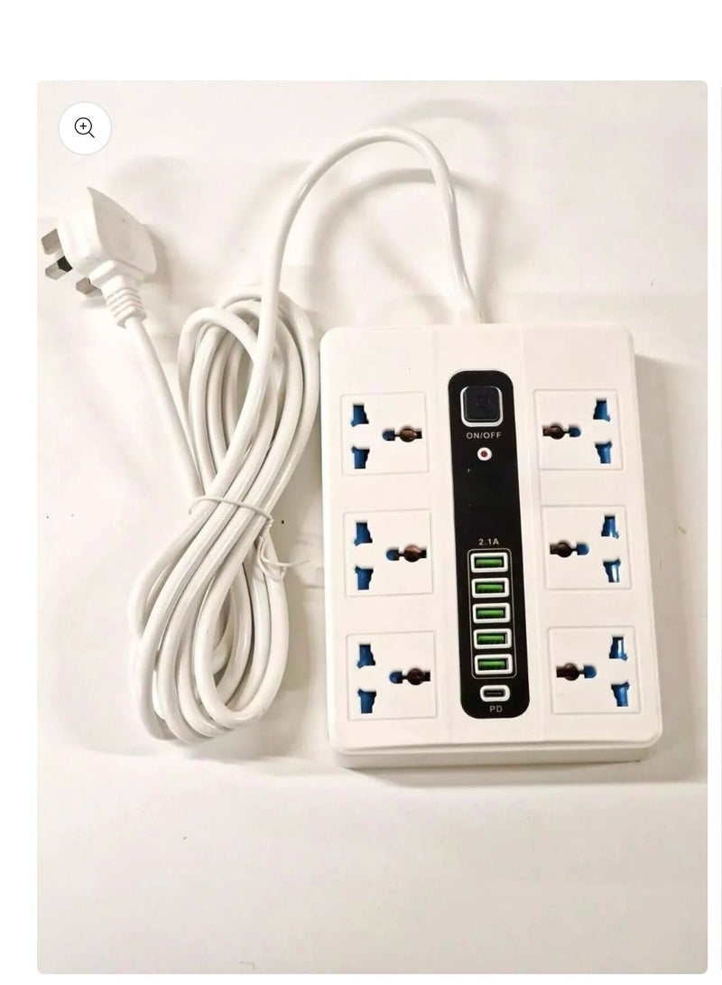 2m USB Extension Socket, 2500W Power Strip with 6 Universal Surge Protector, 2.1A PD Port with 3 5V/3.1A Five USB Ports - Image 1