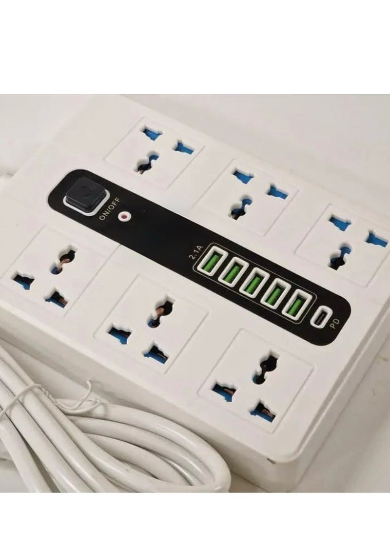 2m USB Extension Socket, 2500W Power Strip with 6 Universal Surge Protector, 2.1A PD Port with 3 5V/3.1A Five USB Ports - Image 2