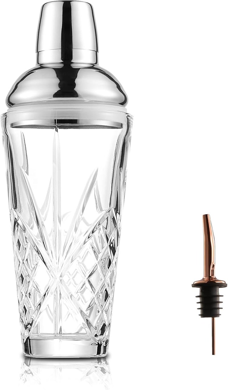 Fioance Glass Cocktail Shaker, 18.5oz Cutting Design Glass - Exquisite Martini Shaker for Elevated Mixology. Perfect for Crafting Artisan Cocktails, Martinis (Set of 1x Shaker&1xCopper Pourer) - Image 1