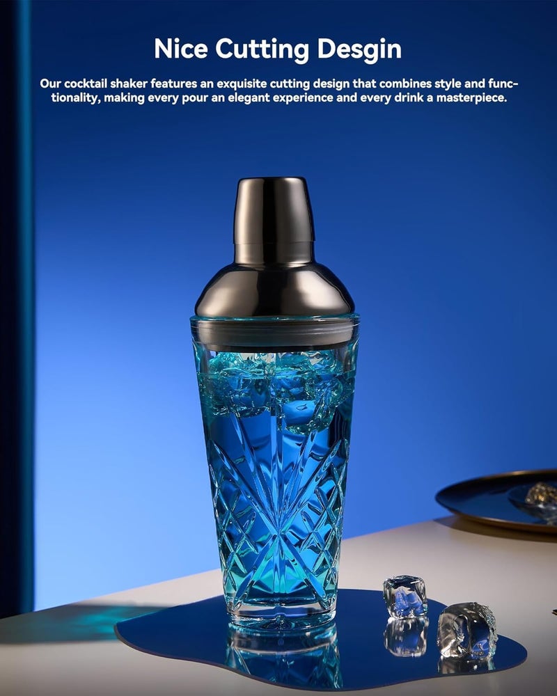 Fioance Glass Cocktail Shaker, 18.5oz Cutting Design Glass - Exquisite Martini Shaker for Elevated Mixology. Perfect for Crafting Artisan Cocktails, Martinis (Set of 1x Shaker&1xCopper Pourer) - Image 3