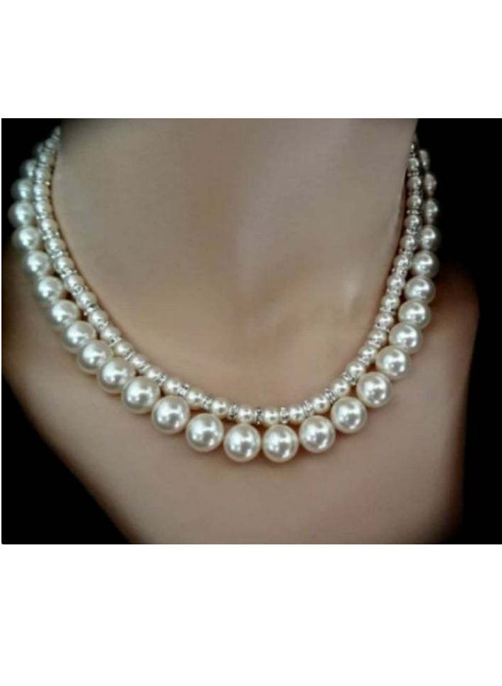 RA accessories Women Necklace Of Off White Pearls Multi Layered With Diamond Breaks 