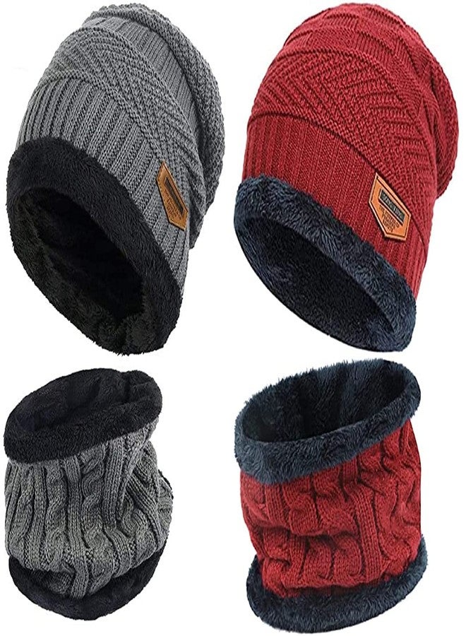 Atipriya 2 Pairs Men's & Women's Snow Proof, Inside Fur, Warm Woolen Cap with Neck Muffler/Neck Warmer/Scarf for Winters - Free Size (pack of 2 red & grey cap with neck mufflers) - Image 1