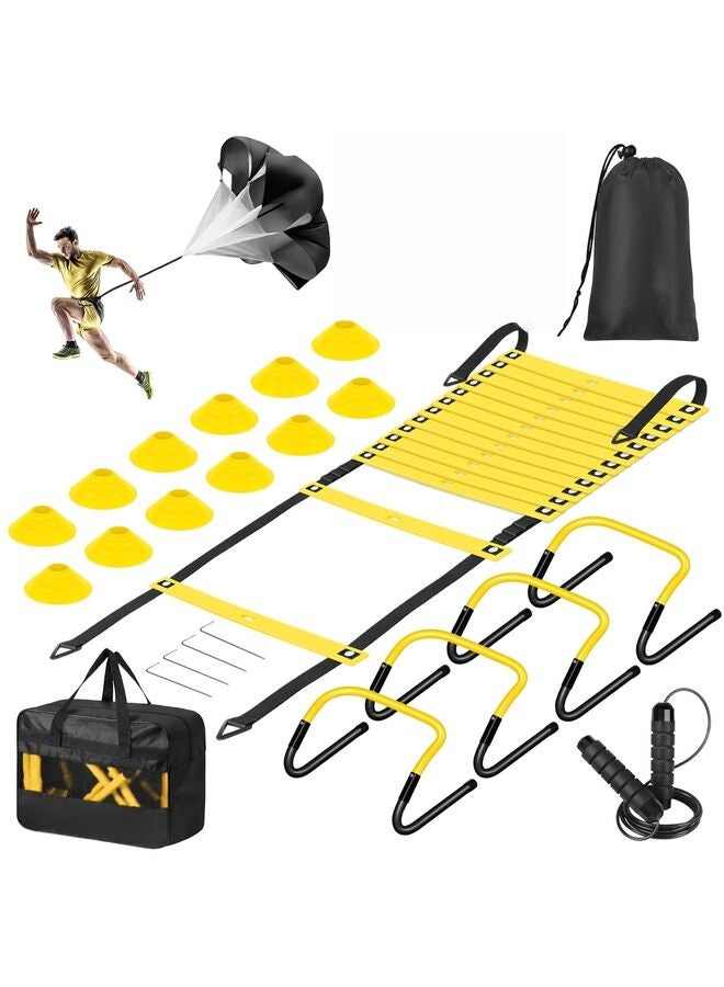 مجموعة معدات تدريب السرعة والرشاقة، سلم سرعة بطول 20 قدمًا، 12 مخروطًا، 4 حواجز قابلة للتعديل، حبل قفز، مظلة. مثالية لكرة السلة وكرة القدم وكرة القدم الأمريكية للشباب والكبار. - Image 1