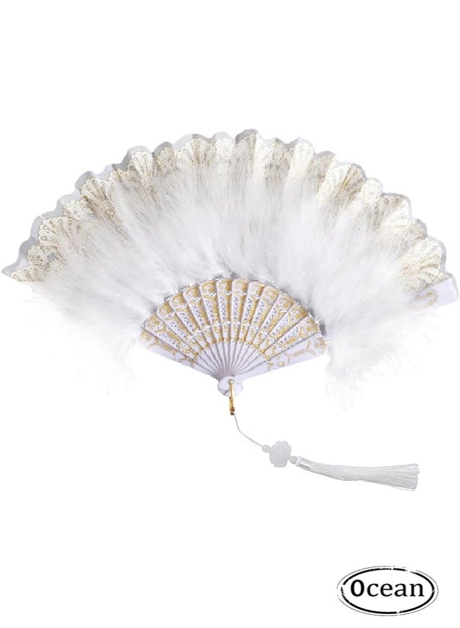 جي أس مراوح ريشية يدوية، مراوح ريشية مطوية بيضاء محمولة لحفلة زفاف ديكور رقص، مراوح ريشة خمر - Image 1