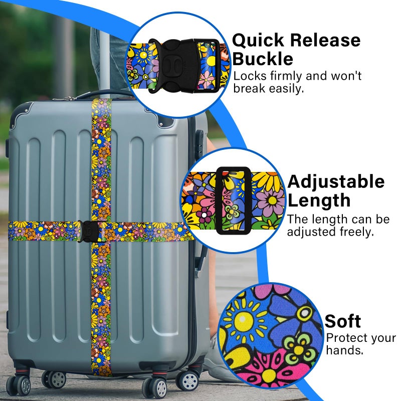 ZHOMA 2 Pack Luggage Straps for Suitcases, Adjustable Travel Belt with Double Lock and Quick Release Buckle, Heavy Duty Nylon Bag Packing Strap, Bright Identifiers Business Travel Accessories-Sun Flowers - Image 4