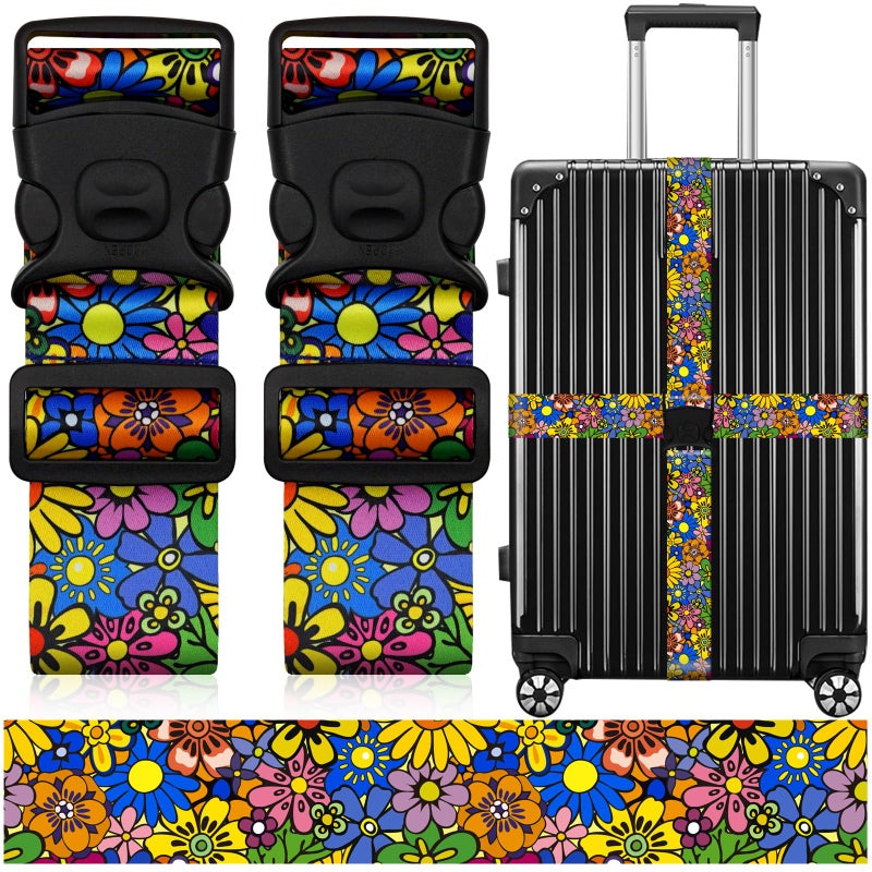 ZHOMA 2 Pack Luggage Straps for Suitcases, Adjustable Travel Belt with Double Lock and Quick Release Buckle, Heavy Duty Nylon Bag Packing Strap, Bright Identifiers Business Travel Accessories-Sun Flowers - Image 1