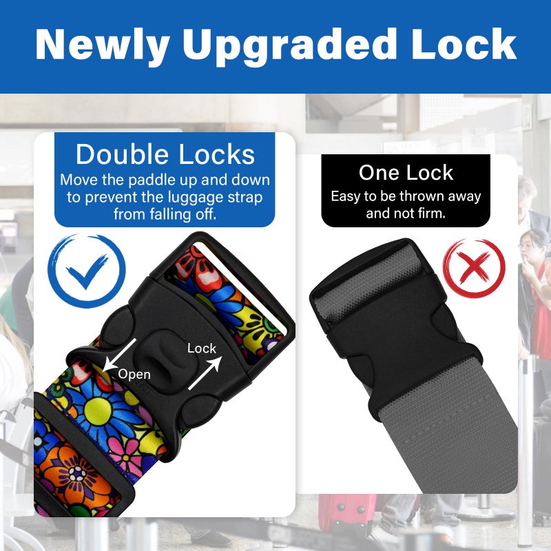 ZHOMA 2 Pack Luggage Straps for Suitcases, Adjustable Travel Belt with Double Lock and Quick Release Buckle, Heavy Duty Nylon Bag Packing Strap, Bright Identifiers Business Travel Accessories-Sun Flowers - Image 2