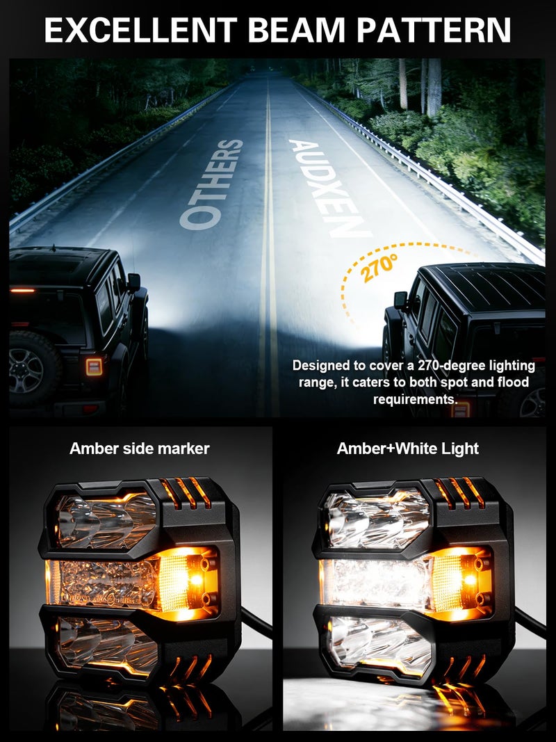 AUDEXEN 4.5 Inch LED Pods Lights 110W - Offroad Driving Light with Amber Side Marker, 800% Bright White & Amber Combo Work Lights Flood Spot Beam, LED Cubes Fog Lamp for Jeep Trucks ATV UTV RZR SUV - Image 2
