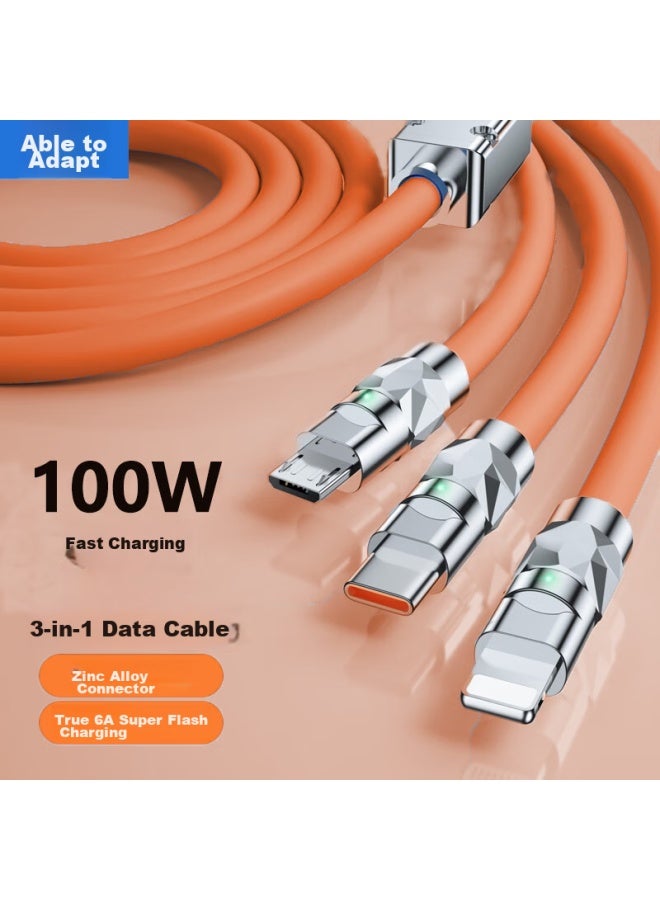 CAN Fit 3-in 100w Data Cable, One-to Usb, Suitable For Apple, Huawei, Honor, Vivo, Xiaomi, 6a Fast Charging, Tablet Charger, Car Charger, 1.5 Meters, Orange - Image 1