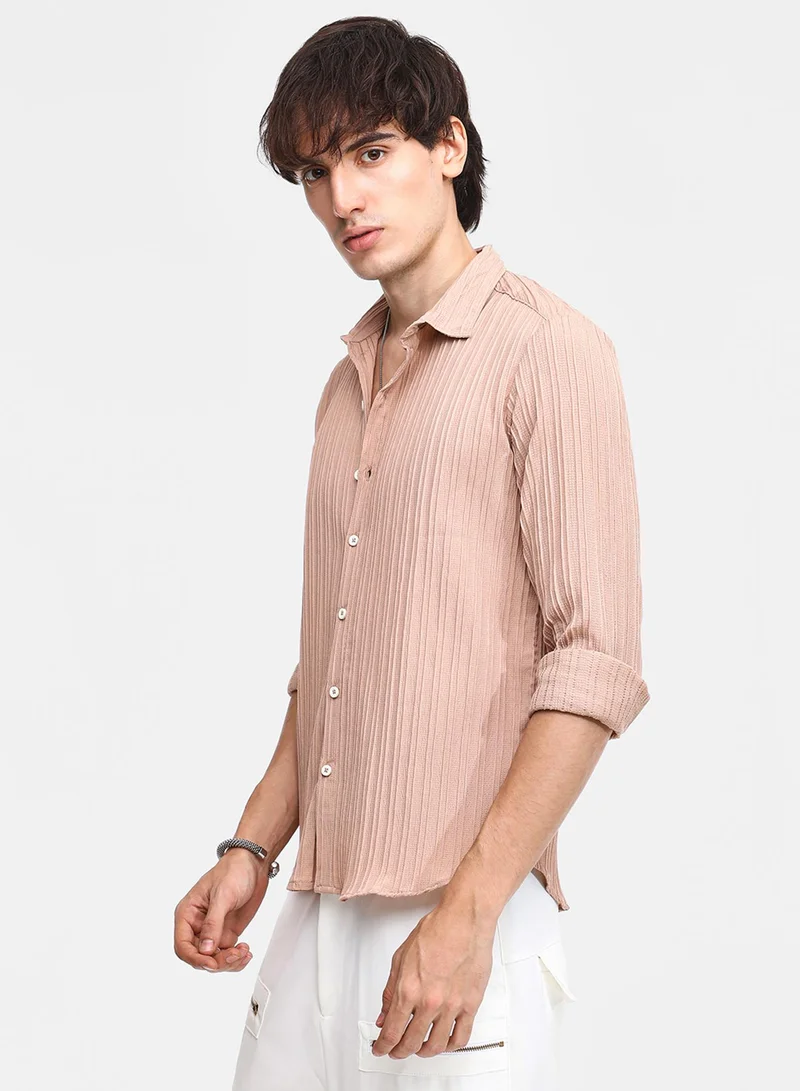 كامبوس سوترا Men's Light Beige Self-Design Striped Shirt