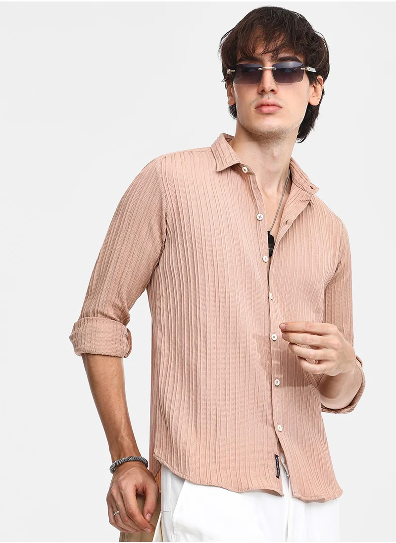 كامبوس سوترا Men's Light Beige Self-Design Striped Shirt