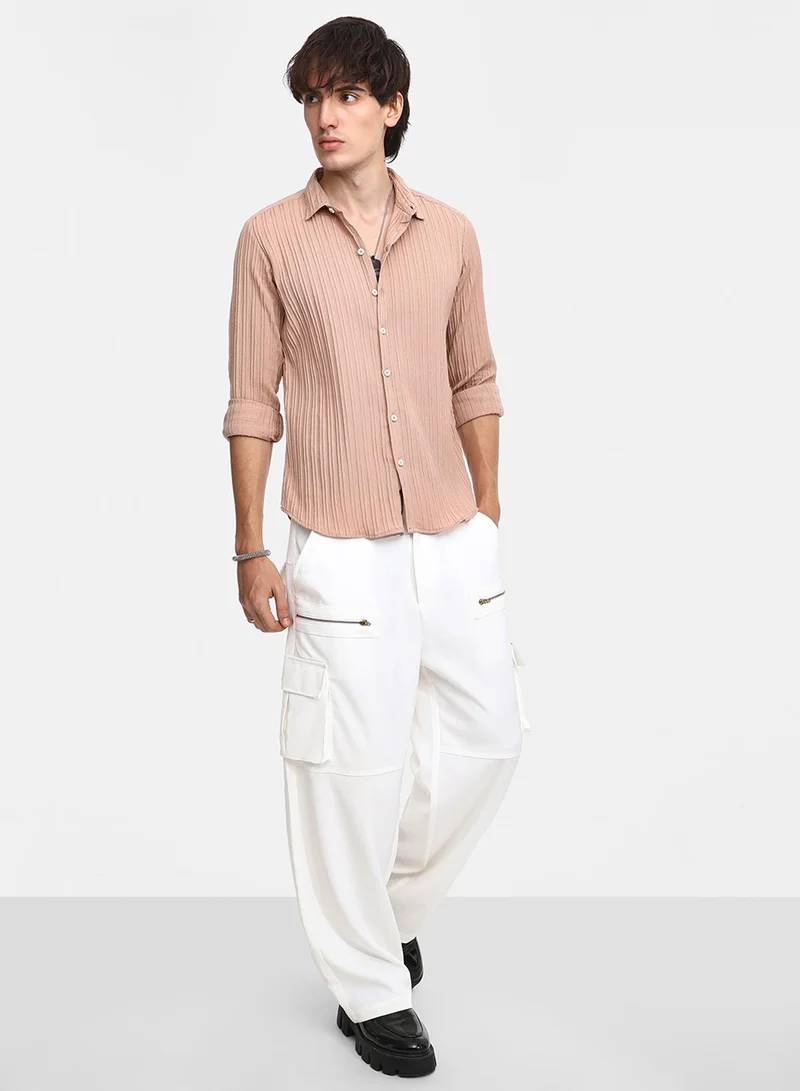 كامبوس سوترا Men's Light Beige Self-Design Striped Shirt