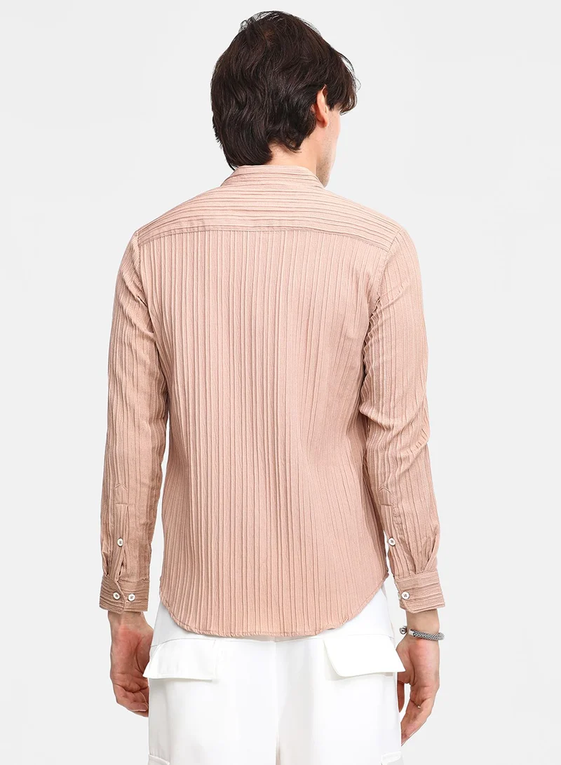 كامبوس سوترا Men's Light Beige Self-Design Striped Shirt