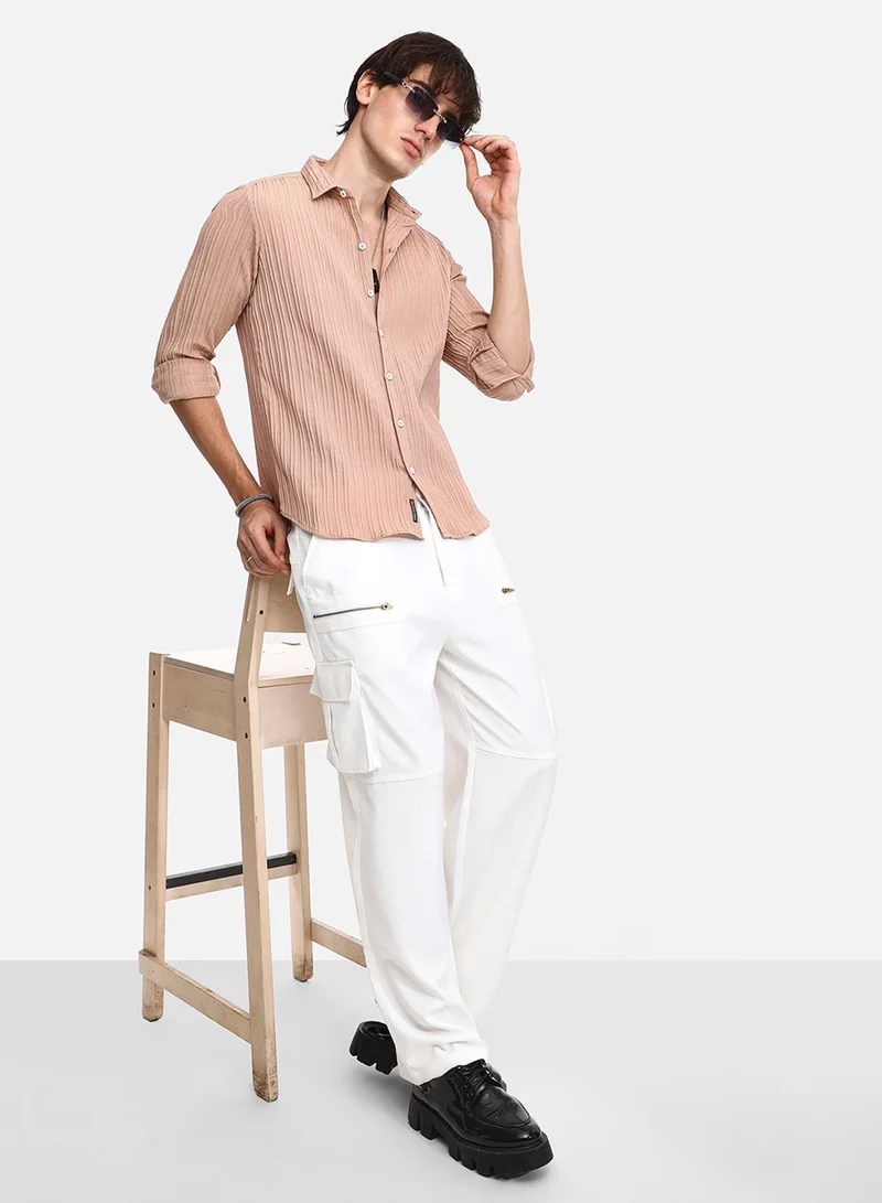 كامبوس سوترا Men's Light Beige Self-Design Striped Shirt