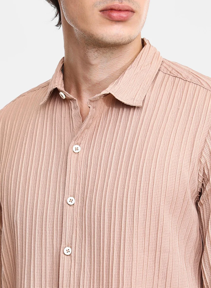 كامبوس سوترا Men's Light Beige Self-Design Striped Shirt