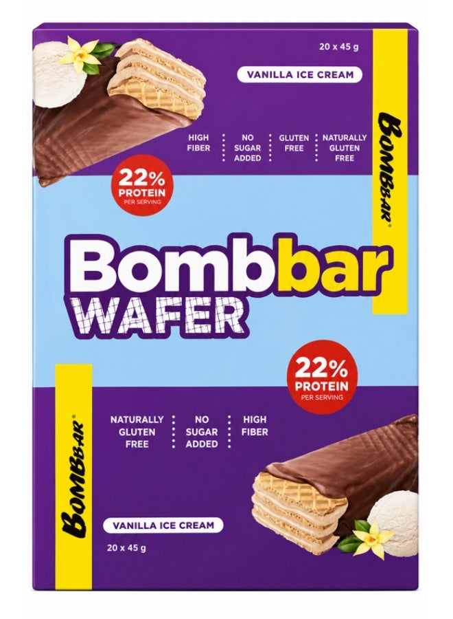 Bombbar Protein Wafer 1 Box (20 Wafers × 45g) / Vanilla Ice Cream – 10g Protein Per Wafer, Crispy Layered Wafer Snack, Creamy Vanilla Ice Cream Flavor, High Protein Snack for On-the-Go