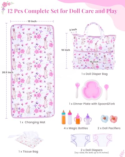 BABESIDE Baby Doll Accessories 12 Pcs Baby Doll Diaper Bag Playset with Changing Mat Magic Bottles Role Play Gift for Girls 3 Fits Dolls up to 20 Inch Doll Not Included - Image 5
