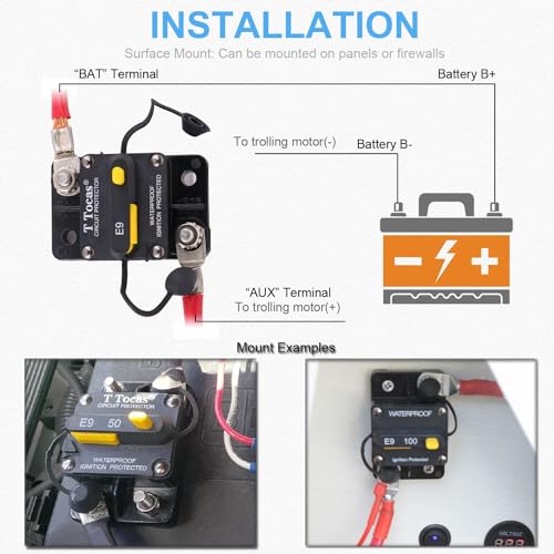 T Tocas E9 Hi-Amp 120A Circuit Breaker with Manual Reset 12V - 48V DC | Waterproof IP67 UL Certified | 120 Amp Switchable Surface Mount - Image 5