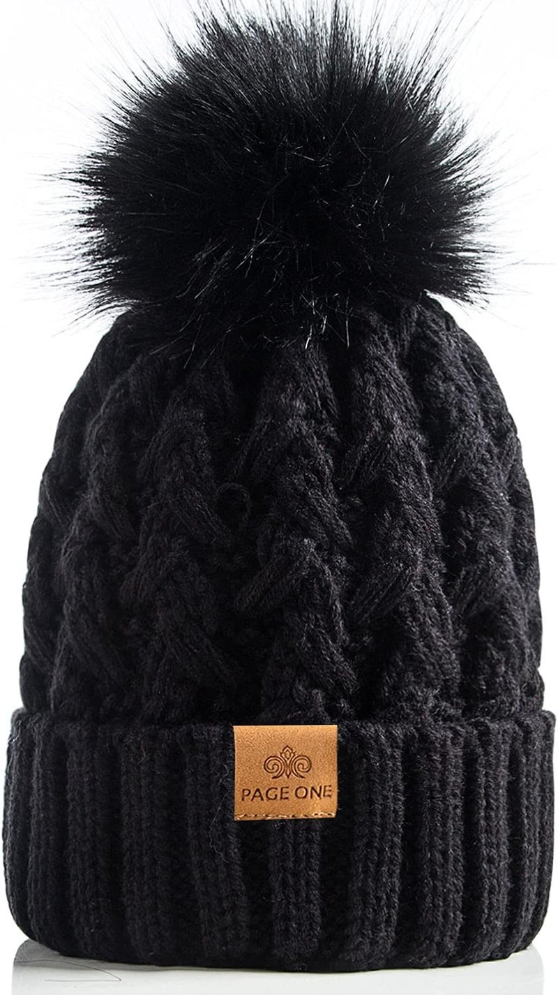PAGE ONE Womens Winter Ribbed Beanie Crossed Cap Chunky Cable Knit Pompom Soft Warm Hat - Image 1