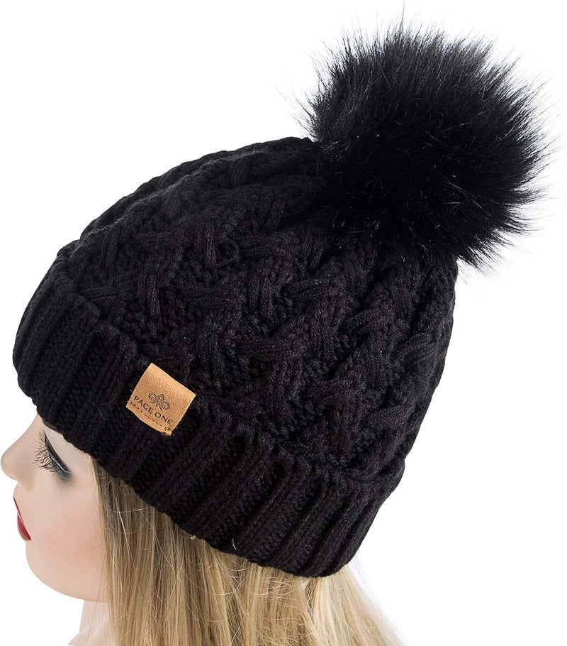 PAGE ONE Womens Winter Ribbed Beanie Crossed Cap Chunky Cable Knit Pompom Soft Warm Hat - Image 3