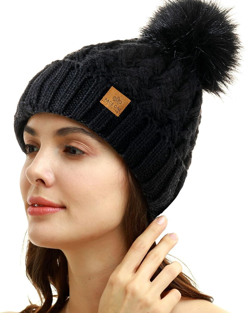 PAGE ONE Womens Winter Ribbed Beanie Crossed Cap Chunky Cable Knit Pompom Soft Warm Hat - Image 2