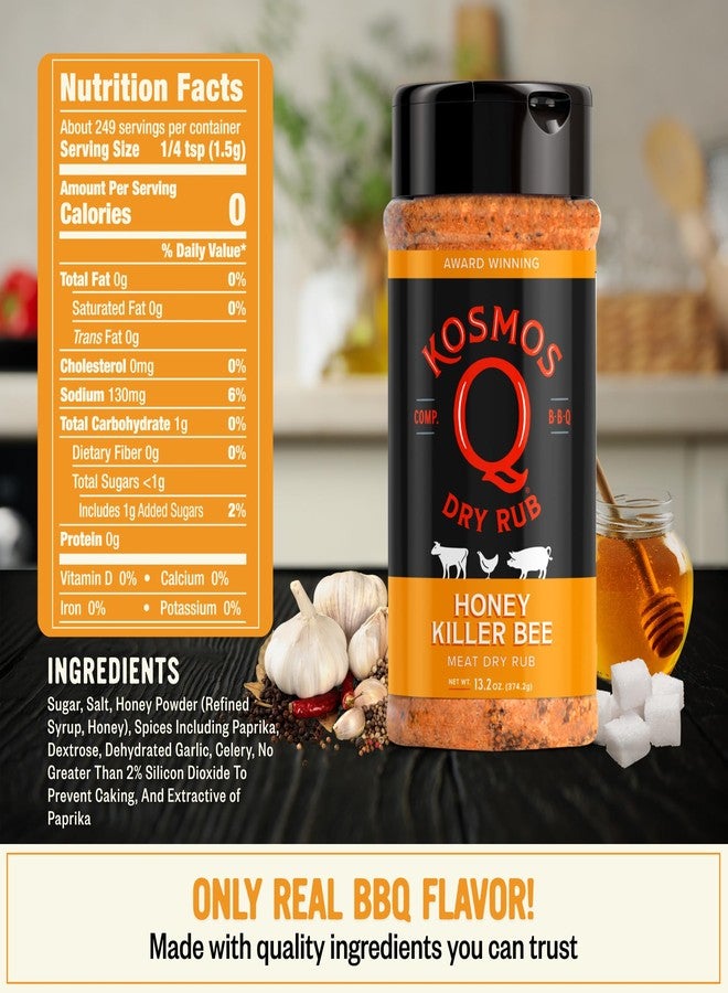 Kosmos Q توابل كوسموس كيو هوني كيلر بي للشواء، توابل حلوة مع سكر بني وعسل وثوم وبابريكا للدجاج ولحم الخنزير والديك الرومي والأضلاع وغيرها، توابل جافة لتدخين وشواء اللحوم، زجاجة رج سعة 13.2 أونصة - Image 2