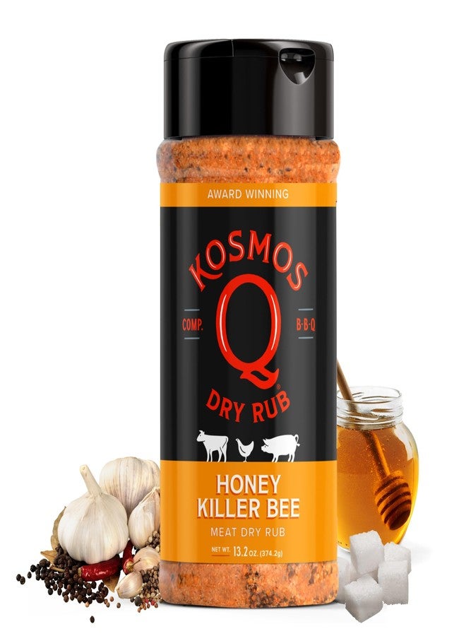 Kosmos Q توابل كوسموس كيو هوني كيلر بي للشواء، توابل حلوة مع سكر بني وعسل وثوم وبابريكا للدجاج ولحم الخنزير والديك الرومي والأضلاع وغيرها، توابل جافة لتدخين وشواء اللحوم، زجاجة رج سعة 13.2 أونصة - Image 1