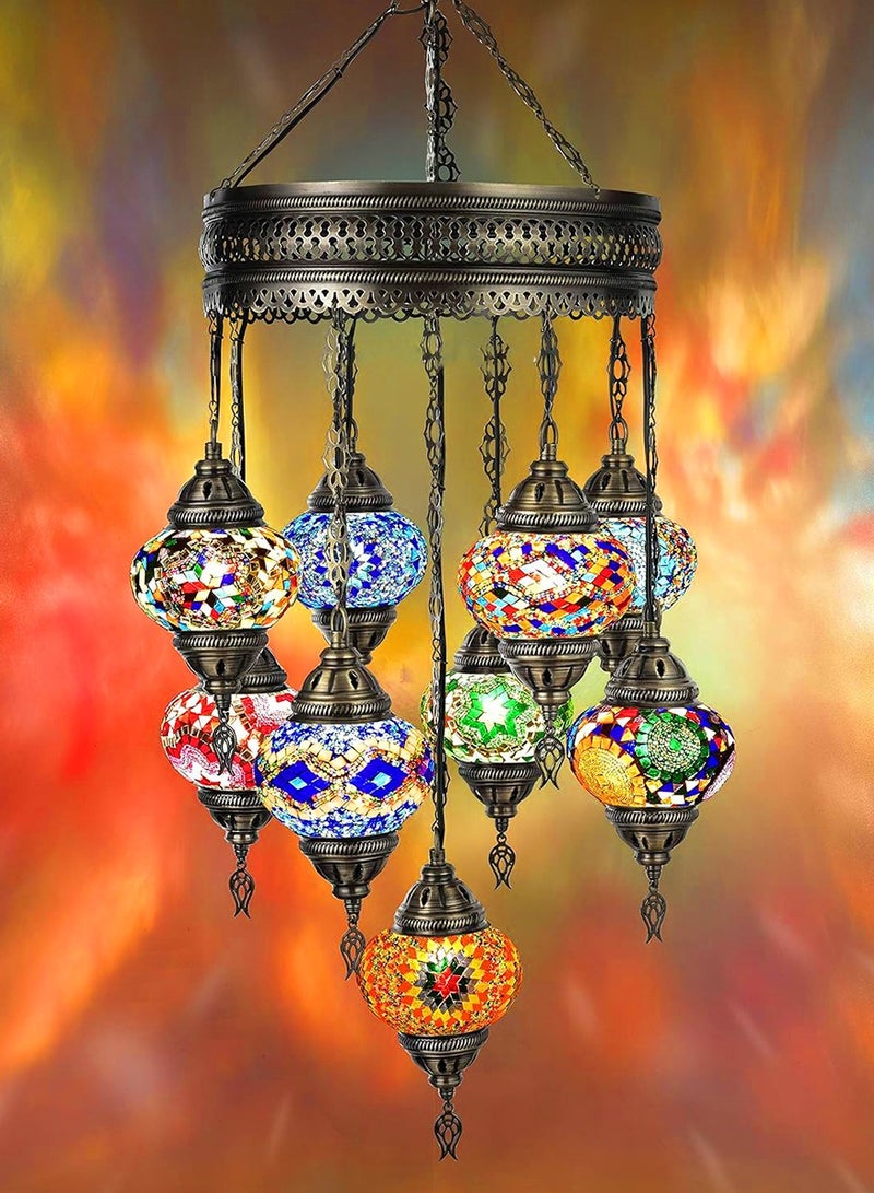 Quick Cart Turkish Mosaic Chandelier Multicolor 9-Globe Ceiling Lamp Bohemian Hanging Pendant Light | Perfect for House warming, Birthday & Anniversery Gift | Perfect For Office & Hotel 